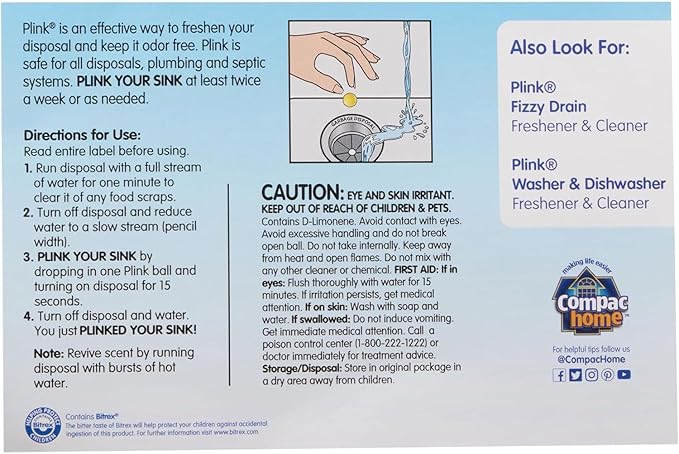 COMPAC HOME Plink Garbage Disposal Cleaner & Deodorizer, Air Fresheners for Garbage Disposal, Simply Fresh Scent, Home Cleaning Products for Kitchen Sink and Clogged Drains, Pack of 4-80 Count Total