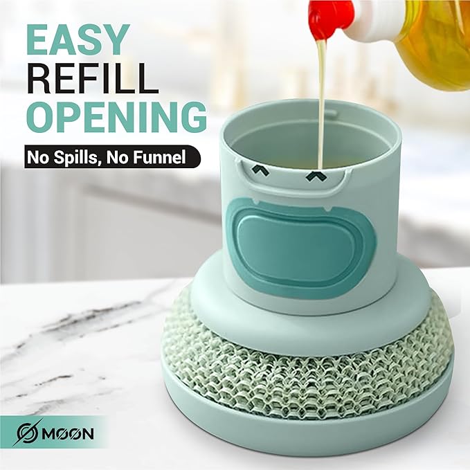 Dish Scrubber with Soap Dispenser, 2 Replaceable Sponges Included, Refillable Push-Button Handheld Sponge Scrubber, Palm Grip Kitchen Sink Cleaner for Dishes, Pots, Pans & Nonstick