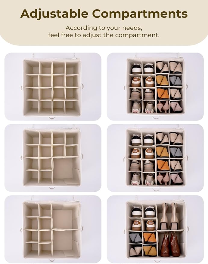 StorageWorks Shoe Organizer for Closet, Fits up to 16 Pairs, Shoe Cubby Storage Containers with Adjustable Dividers and Clear Cover, Khaki and Beige Stripes