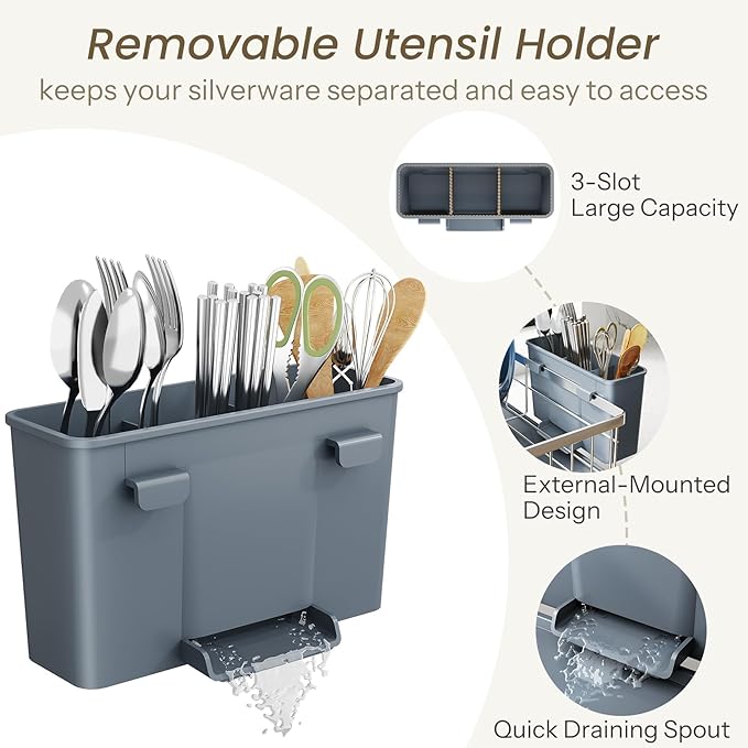 SNTD Dish Drying Rack - Small Dish Rack for Kitchen Counter, Stainless Steel Dish Drainer with Utensil Holder and Drainboard, 11" W x 15" L (Silver)