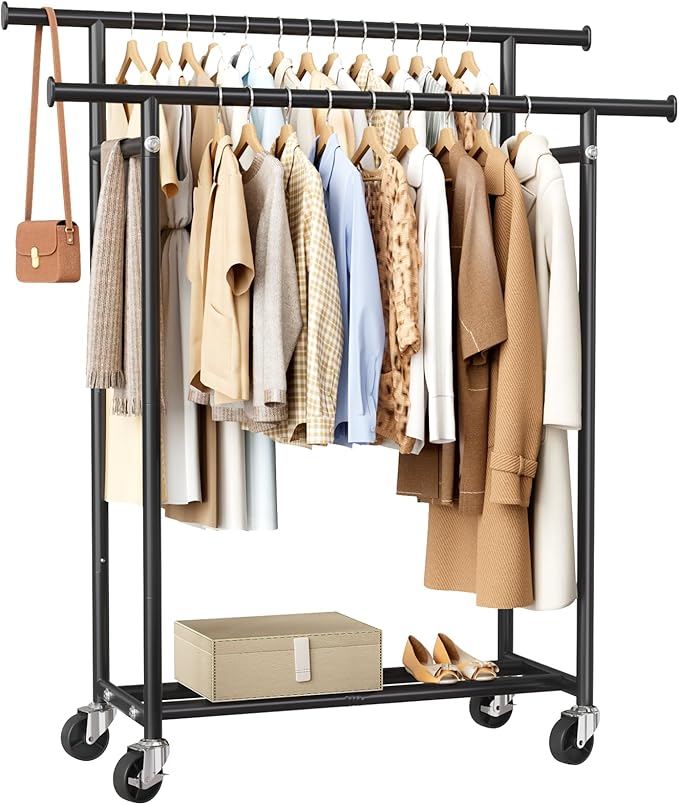 HYSEYY Clothes Rack, Double Rods Rolling Clothing Rack for Hanging Clothes, Portable Garment Rack with Wheels, Coat Rack Wardrobe Closet Load 240 LBS for Bedroom Laundry Room, Black