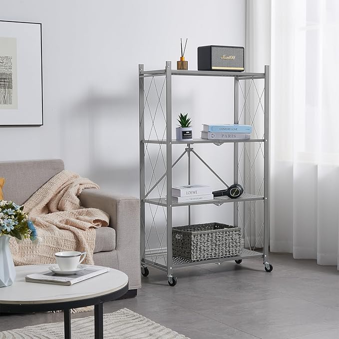 BRIAN & DANY 4-Tier Foldable Storage Shelves with Wheels, Folding Metal Rack Shelving Unit, Heavy Duty No Assembly Organizer Shelf for Garage, Kitchen, Basement, Pantry, Gray