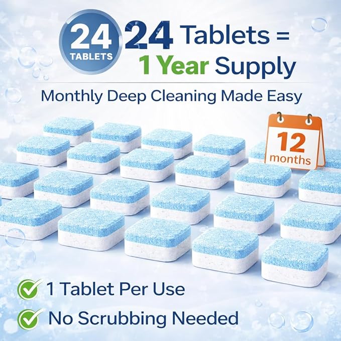 Washing Machine Cleaner Descaler Tablets 24 Pack – Deep Cleaning for HE Front Load and Top Load Washers – Septic Safe Eco Friendly Deodorizer for Drum and Tub Seal