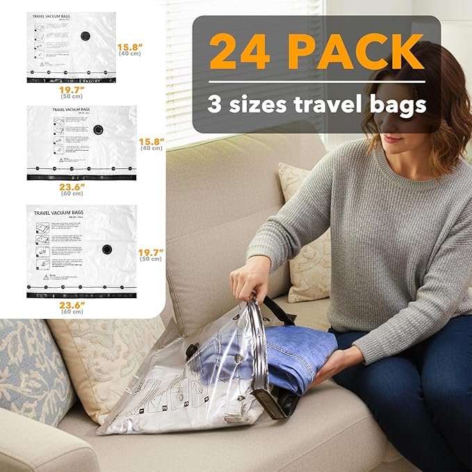 SpaceAid Travel Vacuum Bags for Luggage with Electric Pump, 24 Pack Vacuum Seal Bags for Clothing Travel, Space Saver Compression Bag for Backpack and Suitcase