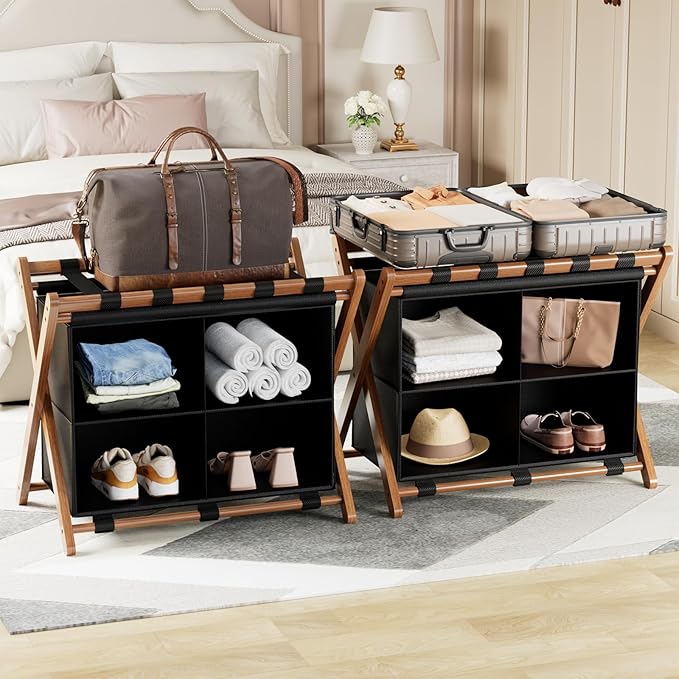Bamboo Luggage Rack 2 Pack with 4 Storage Compartments, Foldable Suitcase Stand for Guest Room, 150lbs Capacity, Sturdy, Space-Saving and Easy to Assemble Organizer