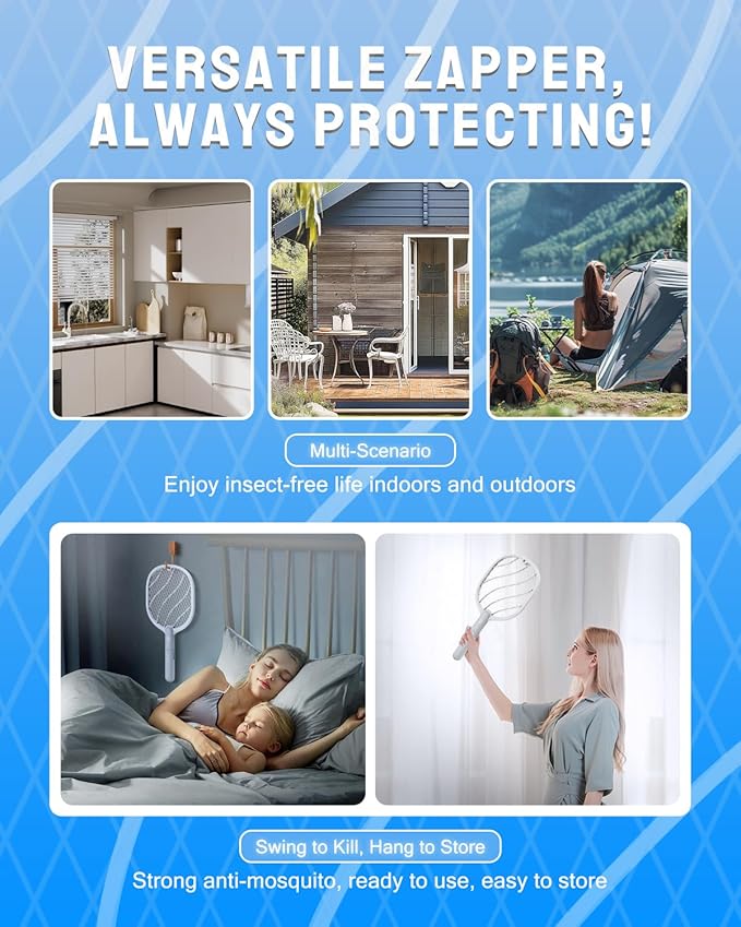 Electric Fly Swatter, 3800V Handheld Bug Zapper Racket, Type-C Rechargeable, Mosquito Zapper for Indoor Outdoor, 3-Layer Safety Mesh, Easy to Use, Lightweight (Basic 2 Pack)