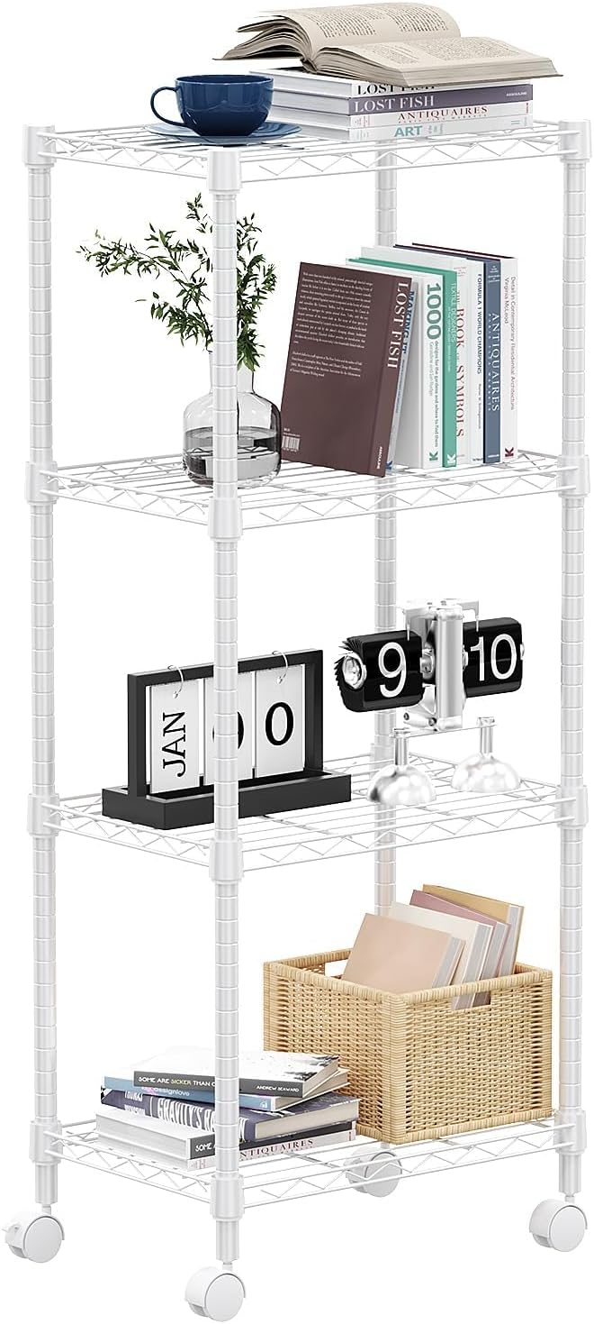 M MZG 1000 lbs 4-Shelf Adjustable Heavy Duty Steel Wire Rack, Adjustable Storage Shelving Unit with Wheel for Kitchen, Garage, Laundry White 11.8" D x 17.7" W x 40.8" H