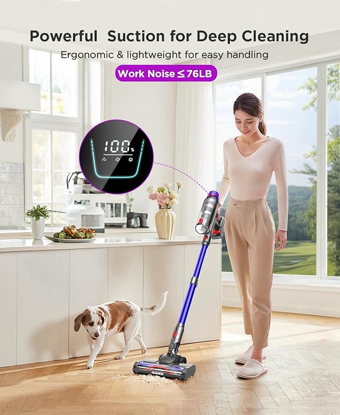 Cuzmok Cordless Stick Vacuum Cleaner for Home: Power Suction Vacuum Tangle-Free Lightweight Design & 2600mAh Detachable Battery Up to 50mins Runtime for Pet Hair Carpet Hardwood Floor