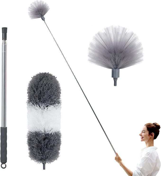 BOOMJOY Microfiber Feather and Cobweb Duster Set, Bendable Head and 100 inches Extension Pole, for High Ceiling, Fan, Blinds, Furniture