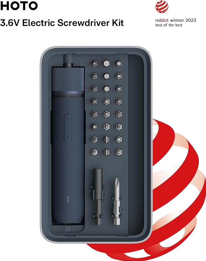HOTO Electric Screwdriver Kit, Upgraded 1/4'' Hex 25 Bits, Magnetic Lid, Rechargeable Cordless Screwdriver, 1500mAh Battery, LED Light, Ideal for Furniture Assembly, Home Repair & Garage Projects