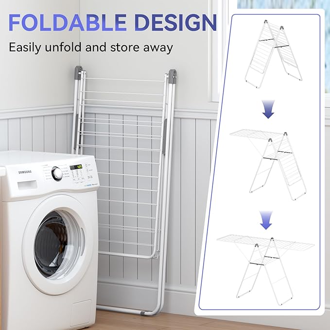 APEXCHASER Clothes Drying Rack, Foldable Oversized Drying Rack Clothing with U-Shaped Foot Cover, Height-Adjustable, Multi-Bar Laundry Rack, Indoor Outdoor Use, 20.47"D x 70"W x 42.52"H, Pearl White