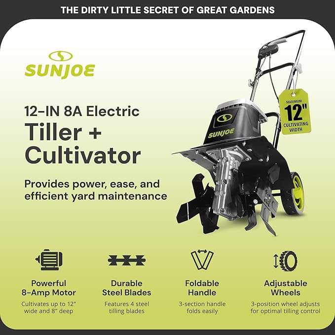 Sun Joe Electric Garden Tiller and Cultivator with 3 Position Height Adjustment Maximum 12-inch Cultivating Width and 8 Amp Motor, TJ602E