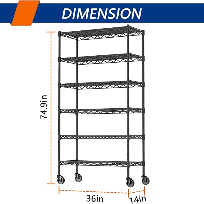 Soywey 6-Shelf Adjustable Heavy Duty Storage Shelving Unit, Metal Organizer Wire Rack for Laundry Bathroom Kitchen Pantry Closet with Wheels, Black