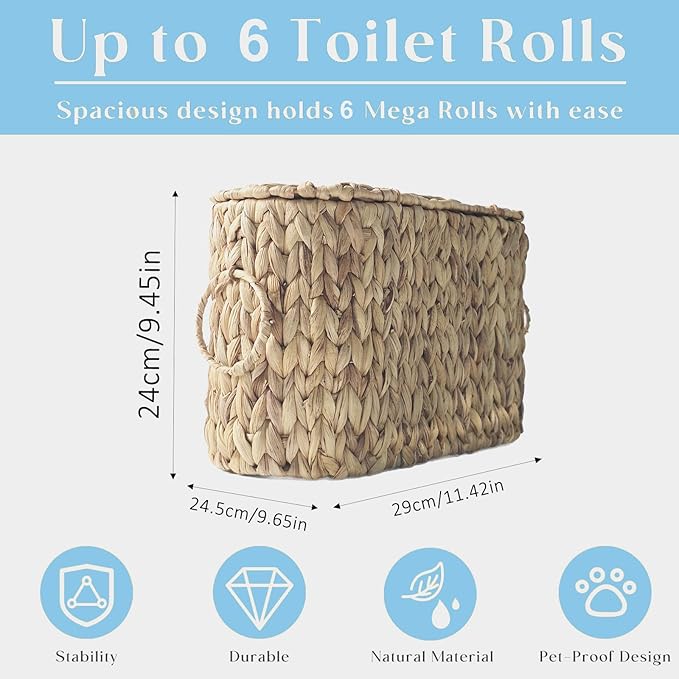 Toilet Paper Storage Basket,Water Hyacinth Wicker Basket with Lid and Handles for Bathroom Organizer and Storage,Toilet Paper Holder Stand with Storage,Papers Container for up to 6 Mega Rolls