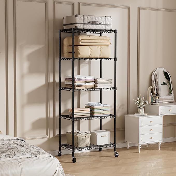 SINGAYE 5 Shelf Storage Wire Shelves Closet Bathroom Organizers Metal Pantry Kitchen Garage Shelving Unit Laundry Room Organization Home Narrow Rack Net Basket with Wheels Black