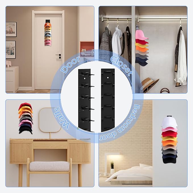 Hat Organizer for Baseball Caps, 2 Pack Hat Rack for Wall Hold up to 18 Hats Strong Adhesive Hat Hooks Stand Multilayer Hat Hanger Organizer Storage Holder Display for Door Closet Bedroom（Black)