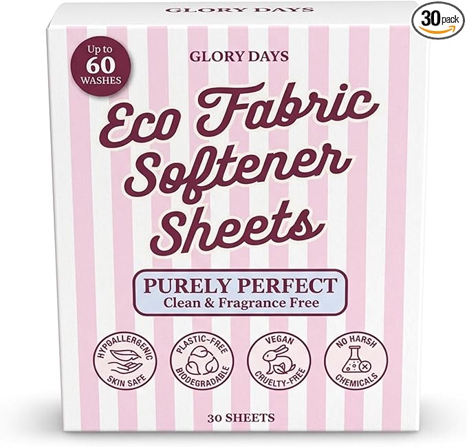 Glory Days Fabric Softener Sheets for Washer — Replaces Liquid Softener, Hypoallergenic, Fragrance Free, Sensitive Skin Safe, Plastic-Free, 60 Loads