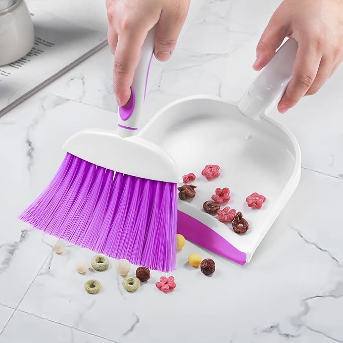 NACENA Small Dust Pan and Brush Set, Mini Broom and Dustpan Set Small Hand Broom and Brush Combo Dust Pan with Teeth for Home Cleaning Drawers Desktop Sofas and Outdoor, Purple