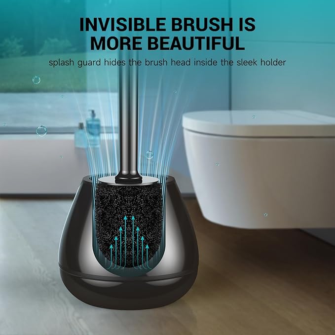 Toilet Brush and Holder, 2 Pack Toilet Bowl Brush with Long Handle, Easy to Hide, Drip-Proof, Easy to Assemble, Deep Cleaning Black