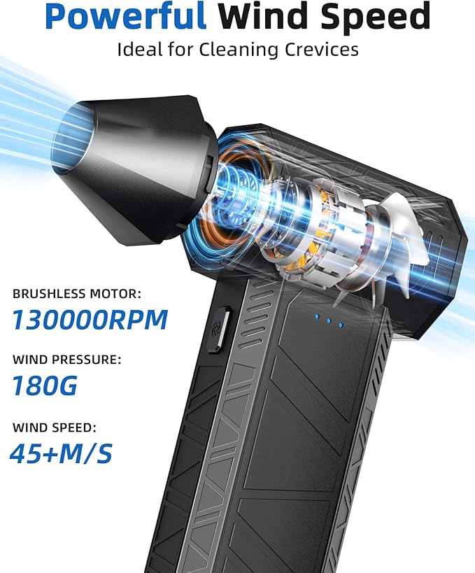 Compressed Air Duster - Electric Air Duster Super Power 110000RPM, 3-Gear Adjustable Mini Duster Blower with Fast Charging, Air Duster Rechargeable for Computer, Keyboard Cleaner, House, Outdoor, Car