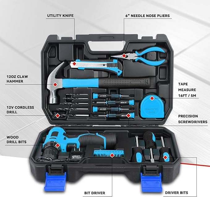 Auto Dynasty 27 Pieces Portable Cordless Drill and Home Hand Repair Kit 12V 1300mAh Lithium Power Tool Kit Set for DIY Household Office Warehouse with Charger, Blue