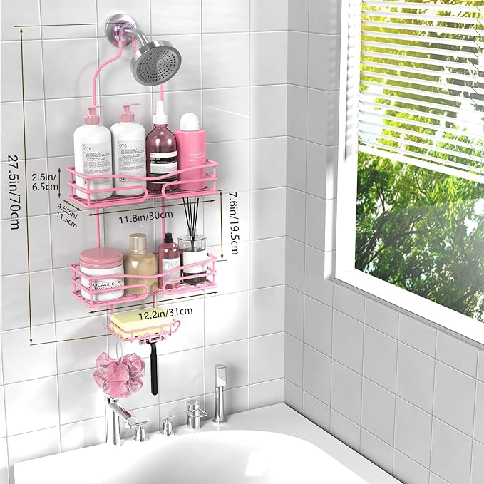 DAOYA Pink 3-Tier Over Head Shower Caddy with Soap Holder & 6 Hooks - Hanging Shower Caddy for Bathroom Organizer