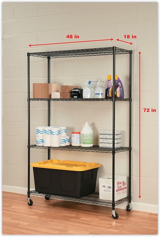 Alera ALE Complete Wire Shelving Unit w/Caster, Four-Shelf, 48 x 18 x 72, Black