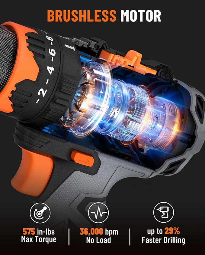 TITANCE X6 20V Brushless Drill Driver Kit, 1/2'' Cordless impact Drill, 575 IN-LBS, 36000 BPM, 3-IN-1 Mode, 2-Speed, Metal Chuck, 2.0Ah Battery, Driver Kit for DIY Project & Home Use