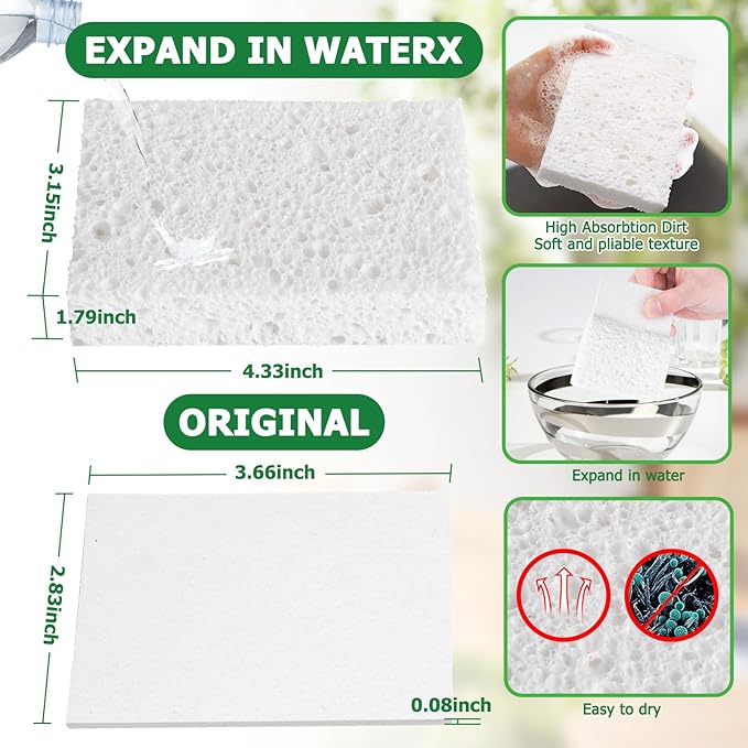 White Plant Based Sponges for Kithcen, 24 Count, Dehydrate, Natural, Organic, Non Abrasive, No odor, Durable Washable Recycled Soft Bio-Based Cellulose Sponge for Washing Dishes and Countertop
