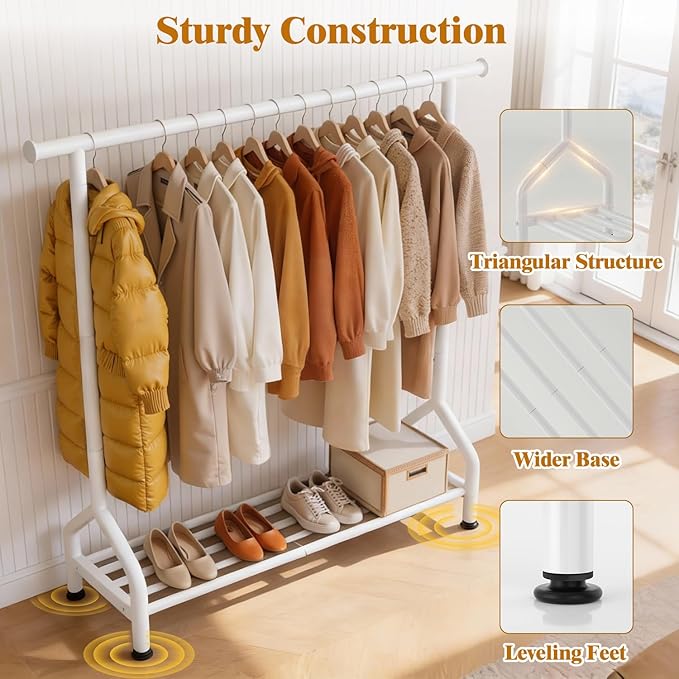 EAGMAK Sturdy Clothing Rack with Shelf, Metal Garment Rack with Leveling Feet for Hanging Clothes, Freestanding Clothes Rack for Bedroom, Apartment & Small Spaces, White