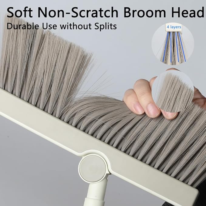 Triangular Indoor Broom and Dustpan Comb Set, 180° Rotating, Soft Bristle Long Handle Upright Sweeping Angled Broom with Self-Cleaning Teeth for Home, Kitchen, Office, Wood Floor (White Gray)