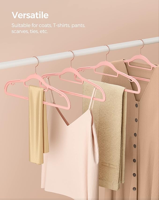 SONGMICS Pack of 50 Coat Hangers, Space-Saving Plastic Clothes Hangers, Non-Slip, 0.2 Inches Slim, 16.5 Inches Wide, 360° Swivel Rose Gold Hook, Light Pink UCRP20PK05