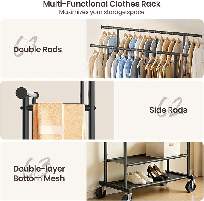 Clothes Rack, Double Rods Rolling Clothing Rack for Hanging Clothes Closet Rack with Wheels, Metal Portable Garment Rack with Double Shelves for Bedroom Laundry Living Room, Black