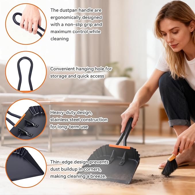 2 Pack Metal Dust Pan, 12 Inch Heavy Duty Dustpans, with Handle Black Large Dustpan for Indoor, Outdoor, Home Garage,Fireplace, Industrial and Commercial Use