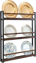 MyGift 3-Tier Wall Mounted Plate Display Rack – Industrial Matte Black Metal & Dark Burnt Wood Storage for 6-10 Inch Plates, Decorative Plate Holder for Kitchen or Dining Room