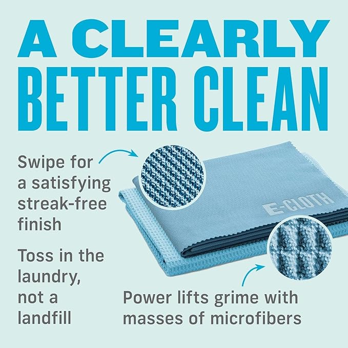 E-Cloth Microfiber Window Cleaning Cloth Kit - Glass Cleaning Cloth for Windows, Mirrors, Cars, Lenses, Eyeglasses, & More, Streak Free Clean, Machine Washable Reusable Towel - Alaskan Blue