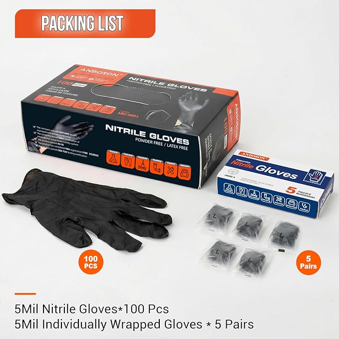 Black Nitrile Gloves Disposable 5 Mil with 5 Bonus Travel Packs - Food Safe, Textured Grip for Cooking, Food Prep & Household Cleaning - Latex Free & Powder Free - 110 Pcs, Large