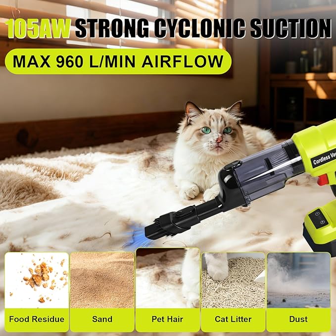 Cordless Vacuum Cleaner for Ryobi 18V Battery, 105AW Brushless Handheld Vacuum with 3-Speed Control, LED Light, 4 Nozzles & 5 Filters, Portable Vacuum for Car Floor Home (No Battery)