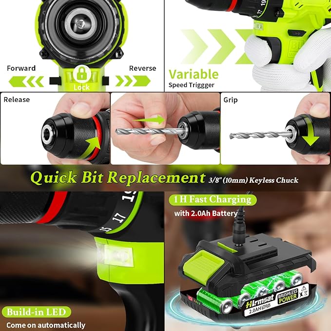 Brushless Drill Tool Set,20V Cordless Drill Tool Box with 2.0Ah Battery,50N.m & 24+1 Gear 3/8" Keyless Metal Self-locking Chuck Handheld Tool Drills Kit,Taladro Inalámbrico for Home Repair Set