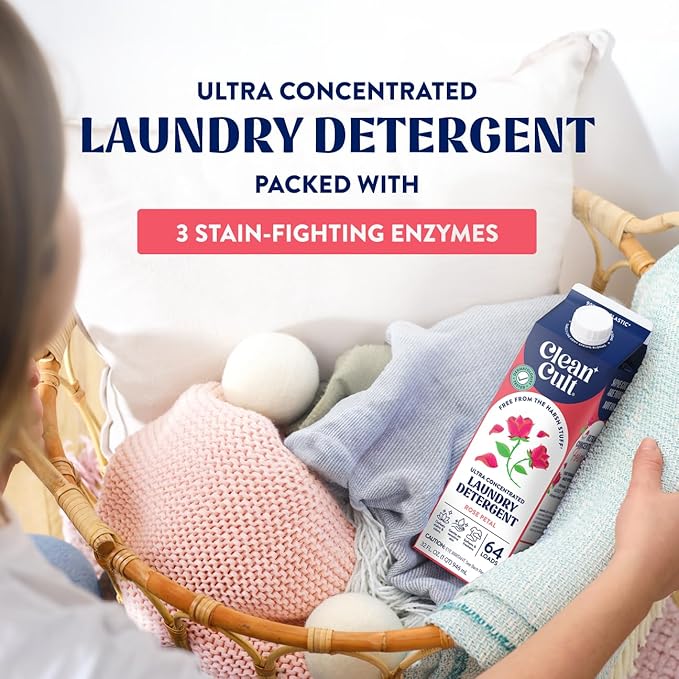 Cleancult Ultra Concentrated Liquid Laundry Detergent, 192 loads (96 oz), Long Lasting Scent, 90% Less Plastic, No Harsh Chemicals, Rose Petal, Defeats Stains & Odors, HE/Standard Compatible