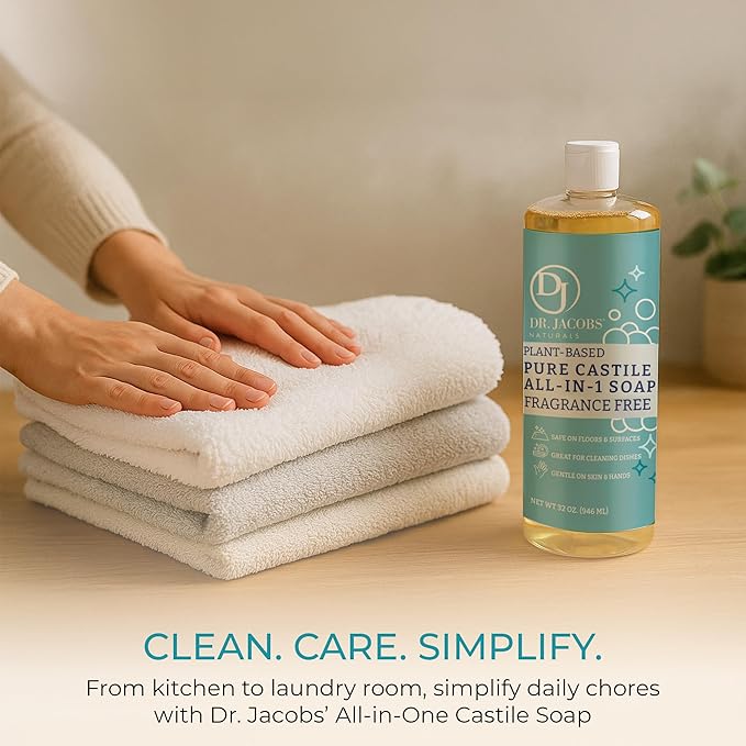 Dr. Jacobs Naturals Fragrance Free Castile All-in-One Cleaner and Soap - Plant-Based Formula for House Cleaning Floors and Appliances - Gentle on Skin and the Planet - 32 oz, 1 Pack