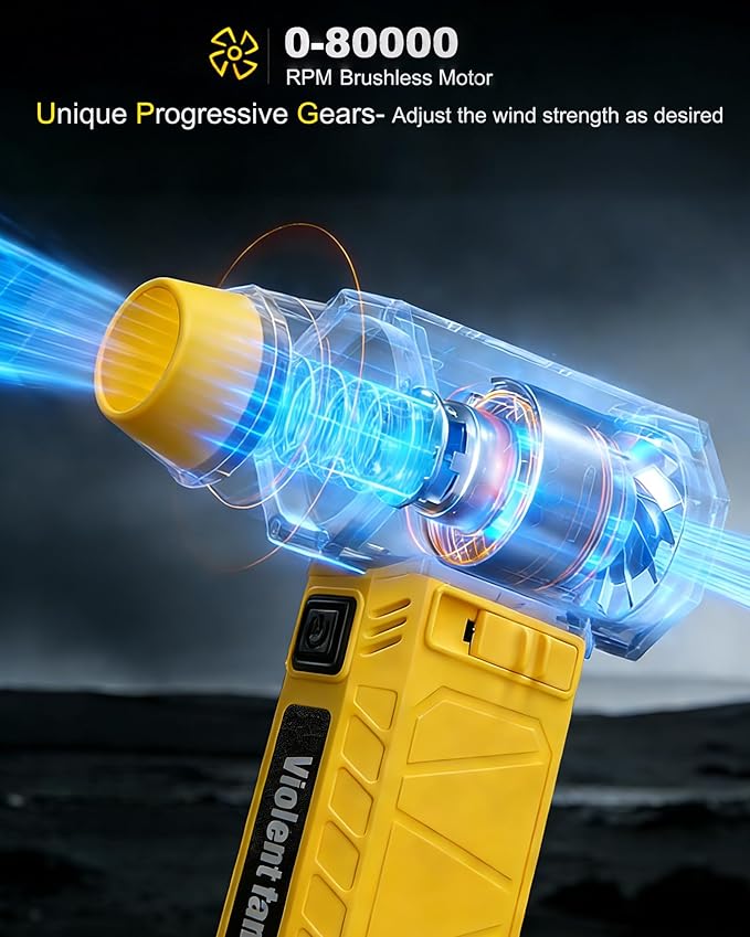 PATAZONE Electric Air Duster High-Speed,Rechargeable,Perfect for Blowing Leaves,Wood Chips,Compressed Air Dust&Sand for Car,House,Outdoor Clean Dry Sawdust Sand,80000RPM Brushless Motor (Yellow)