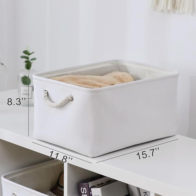 TheWarmHome Storage Basket for Gifts Empty - Large 3 Pack 15.7x11.8x8.2 inch Storage Basket for Organizing with Handles, Canves Storage Bins for Organizer Closet Toy Cubes Gift (White)