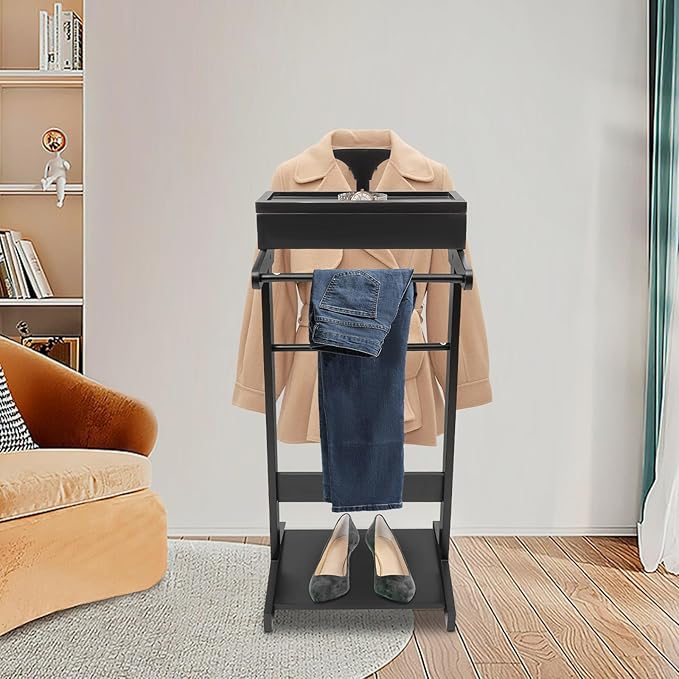 TFCFL Wooden Suit Rack with Drawer & Trouser Holder, Multi-functional Coat Stand for Hats/Scarves/Belts, Space-Saving Standing Suit Valet Stand for Home/Office, 22lbs Load Capacity (Black)