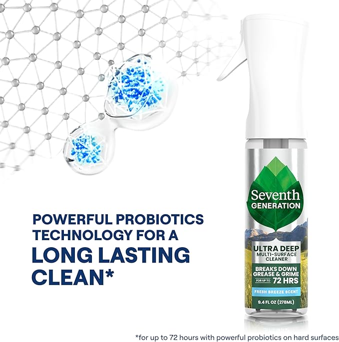 Seventh Generation Ultra Deep Probiotic Multi Surface Cleaner, 9.4 Fl Oz, Fresh Breeze, 80% USDA Biobased All Purpose Cleaning Spray, Breaks Down Tough Grease & Grime, Safe for Kids & Pets