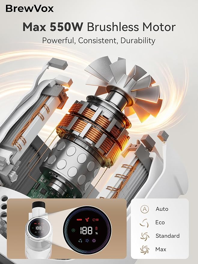BrewVox Telescopic Cordless Stick Vacuum Cleaner for Home & Pet Hair, Smart Auto Detect, 2 Motorized Brushes, 6 Stage Filtration, 45kPa Powerful Suction, 550W Motor, 60 Min Runtime, Quick Rechargeable