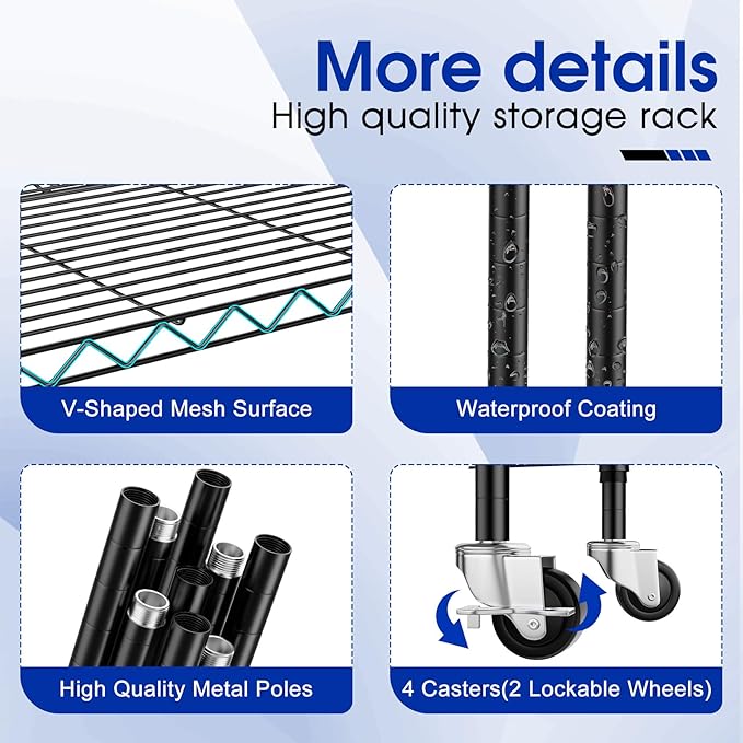 Adjustable 6-Tier Heavy Duty Wire Shelving Rack, 14" D x 24" W x 71" H Storage Shelves with Wheels, 750 lbs Capacity Rolling Metal Shelving for Garage, Pantry, Kitchen, Closet