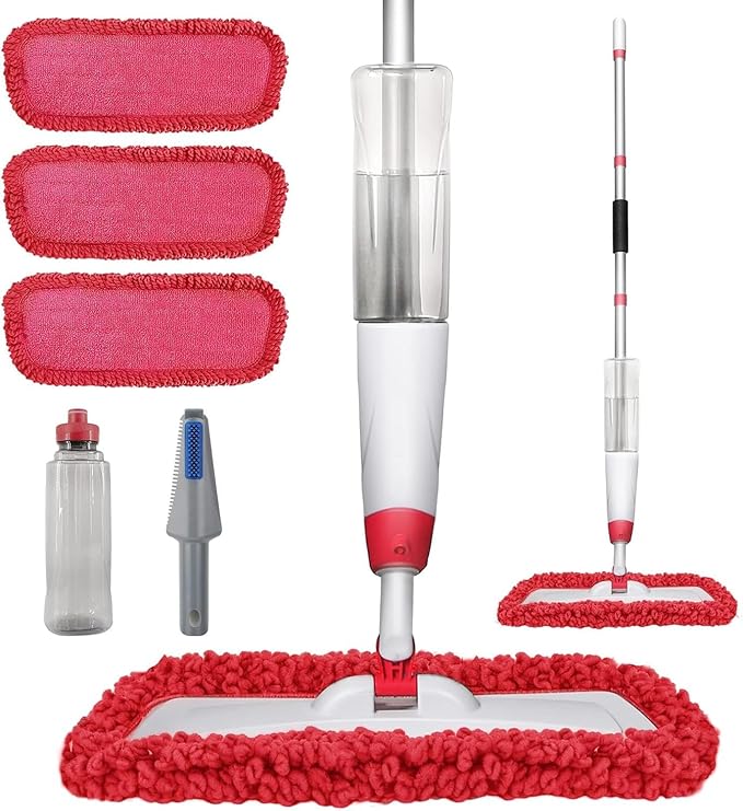 Spray Mops for Floor Cleaning, Microfiber Spray Cleaning Mop Kit with 3 Reusable Washable Pads 700ML Refillable Bottle and Scrubber Flat Mop with 360 Degree Swivel Head for Hardwood Laminate