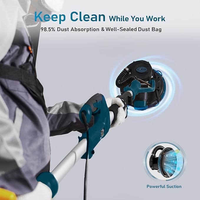 GEVEELIFE Drywall Sander, 880W 7.33A Electric Drywall Sander with Vacuum Dust Collector, 5 Variable Speed 1000-2100RPM, LED Light, Foldable & Extendable Handle, 12 Sanding Discs