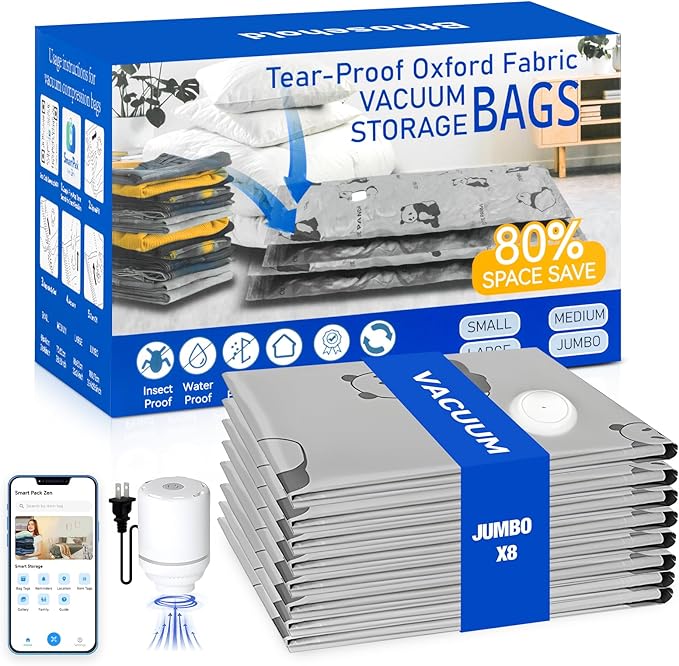 8 Pack Jumbo Vacuum Storage Bags with Pump, Smart App Tracking, 8 Stickers & 1 Marker – Tear-Proof Oxford Fabric, Leak-Proof, Reusable Vacuum Seal Bags for Clothing, Blankets, Bedding, Comforters